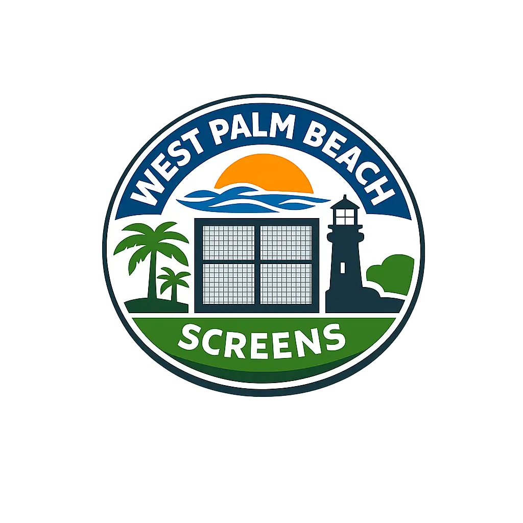 screen enclosure services in West Palm Beach, FL logo with palm trees lighthouse